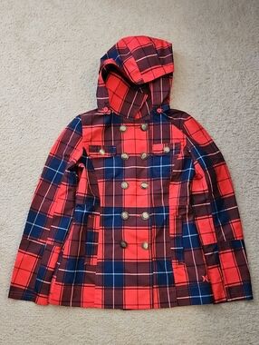 Hurley Red & Navy Plaid Hooded Double-Breasted Pea Coat